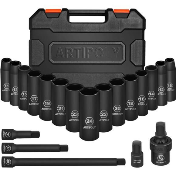20 Pieces 1/2" Drive Metric Deep Impact Socket Set - Picture 1 of 8